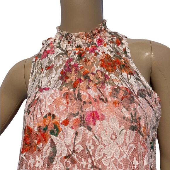 Status by Chenault Pink Women's Floral Lace Shirred Mock Neck Sleeveless Top S - Picture 2 of 9